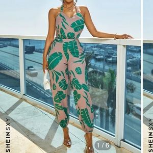 SHEIN Tropical Print Halter Jumpsuit